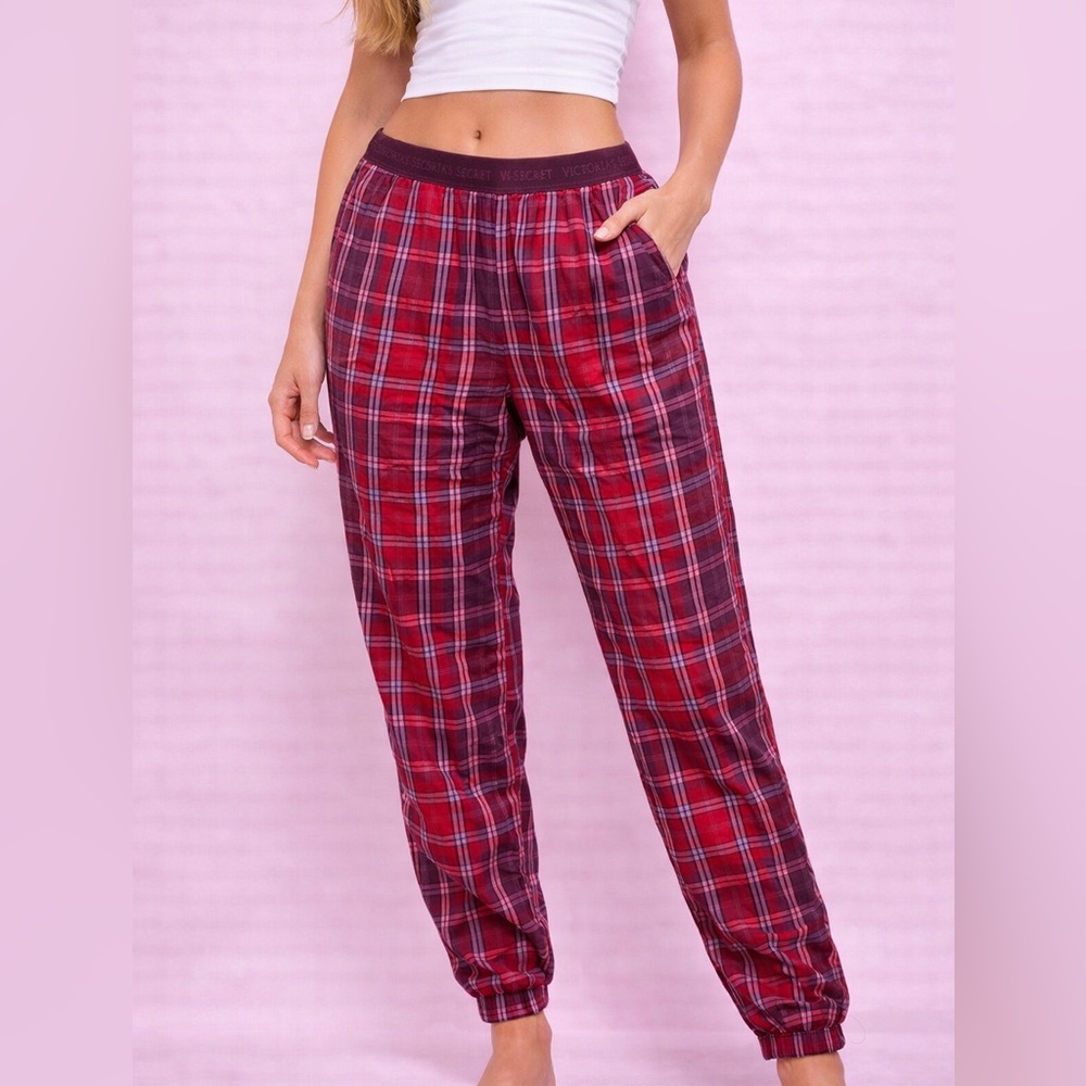 Victoria’s Secret Red and Purple Plaid Drawstring Pajama Pants with Pockets